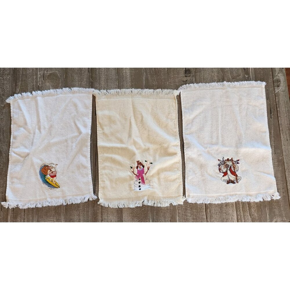 Christmas Embroidered Cotton Hand Towels With Fringe Set of 3 11 x‎ 14